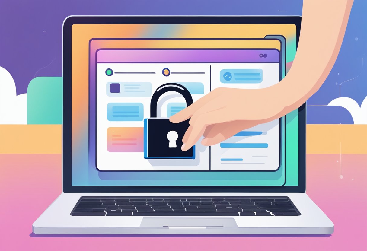 illustration of a hand reaching out from a laptop screen and locking a padlock, symbolizing a paywall